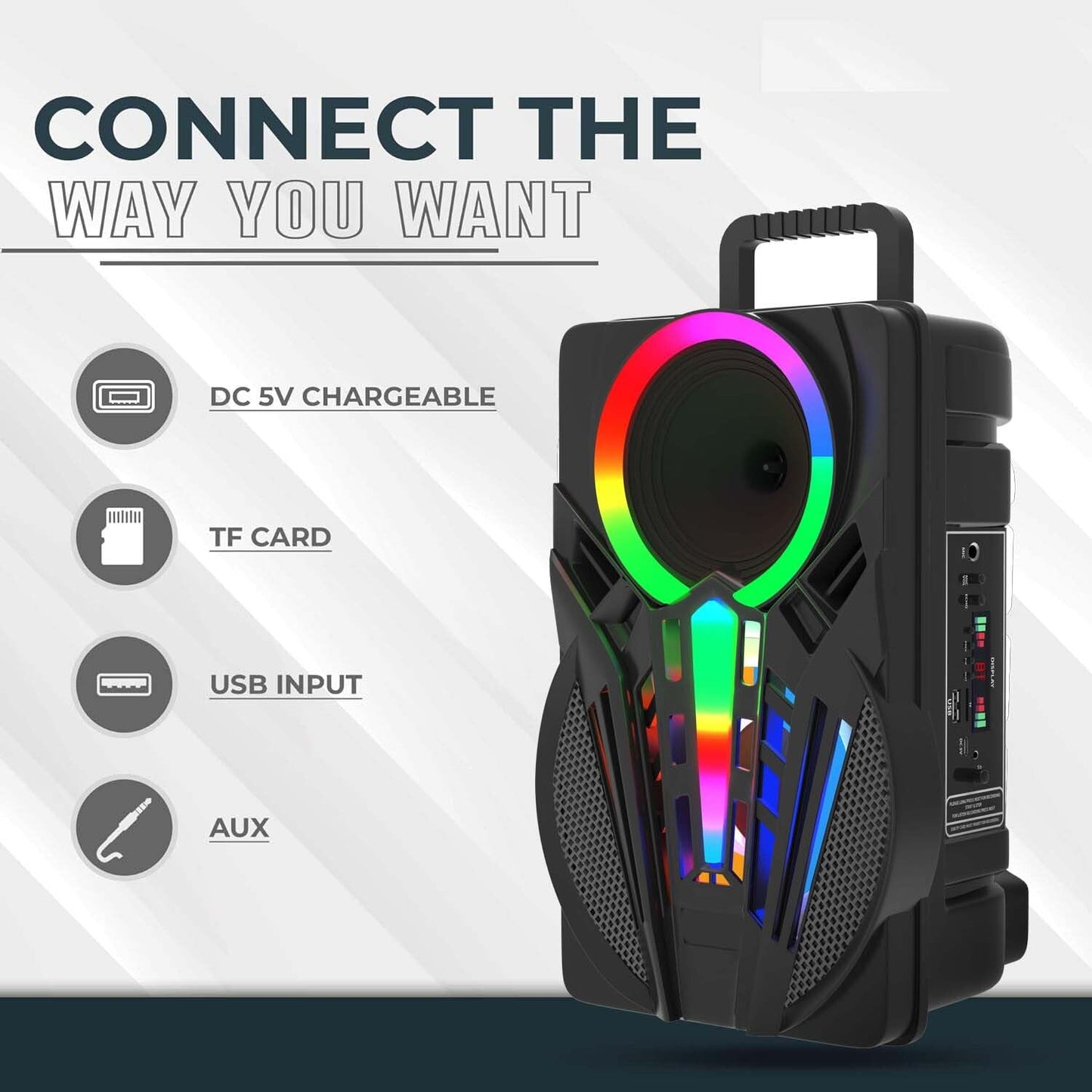 Tech-lobby MegaStar 50W (8" Woofer) Portable Multimedia Bluetooth Speaker with Wireless Mic for Karaoke, LED Display with Bluetooth, FM, USB, Micro SD Card, AUX Connectivity