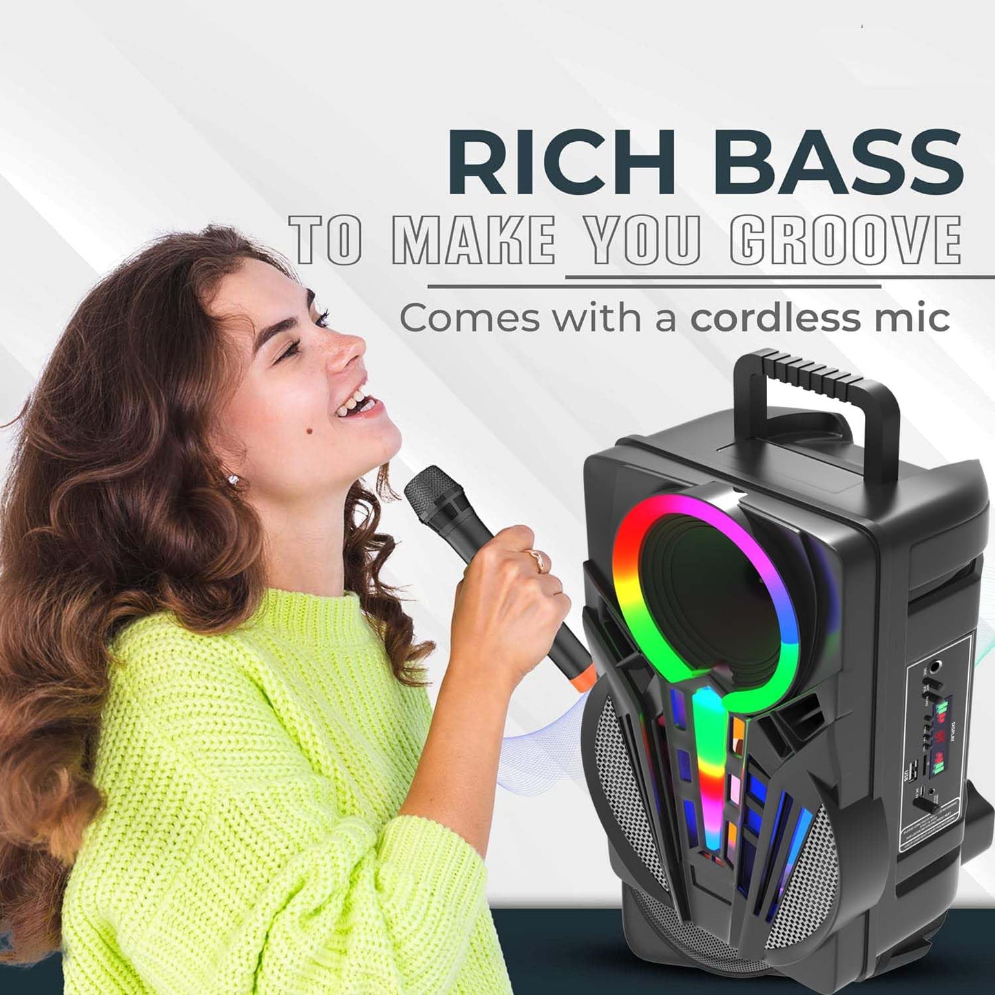 Tech-lobby MegaStar 50W (8" Woofer) Portable Multimedia Bluetooth Speaker with Wireless Mic for Karaoke, LED Display with Bluetooth, FM, USB, Micro SD Card, AUX Connectivity
